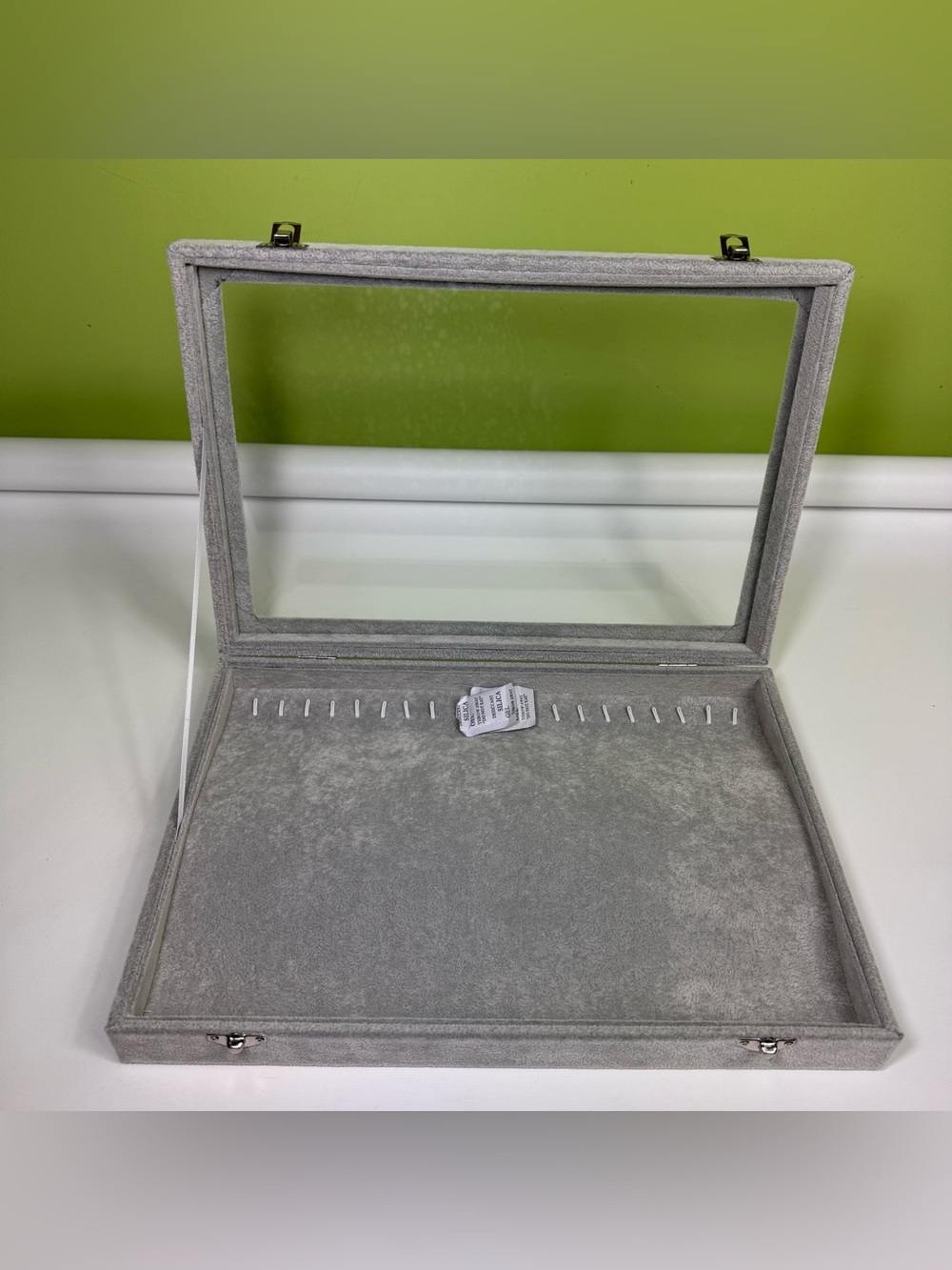 gray velvet jewelry organizer transparent glass lid metal latch closures